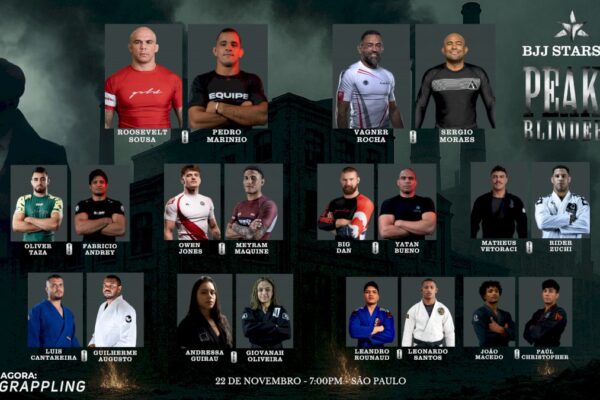Pôster do evento BJJ Stars 18 Peaky Blinders, com o card de lutas, data e local em São Paulo.