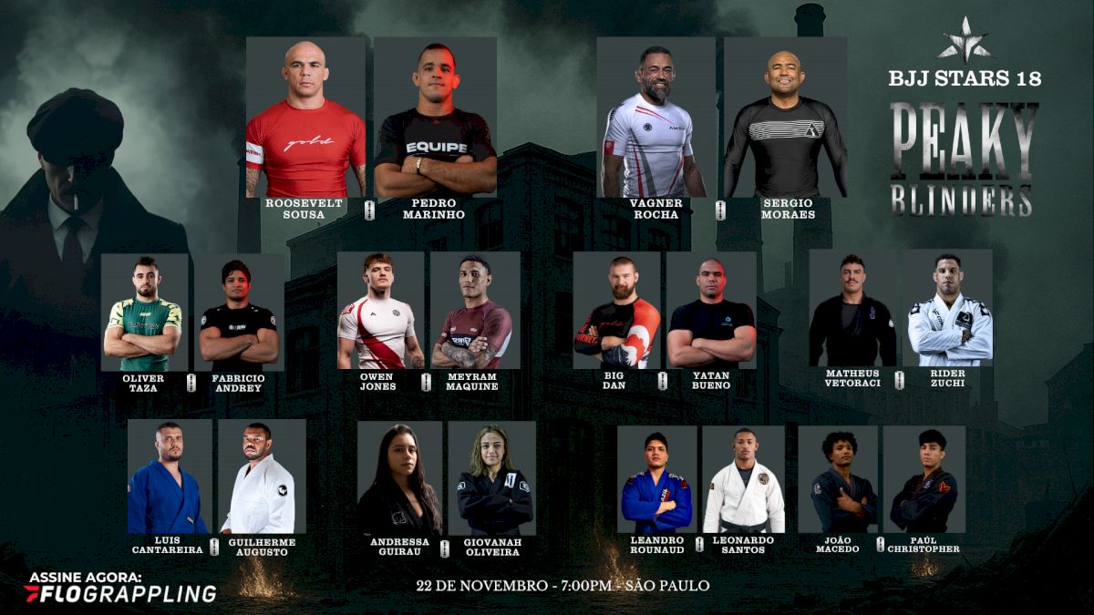 Pôster do evento BJJ Stars 18 Peaky Blinders, com o card de lutas, data e local em São Paulo.