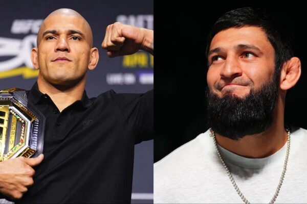 A split image of UFC champion Alex Pereira holding his belt and a smiling Khamzat Chimaev.