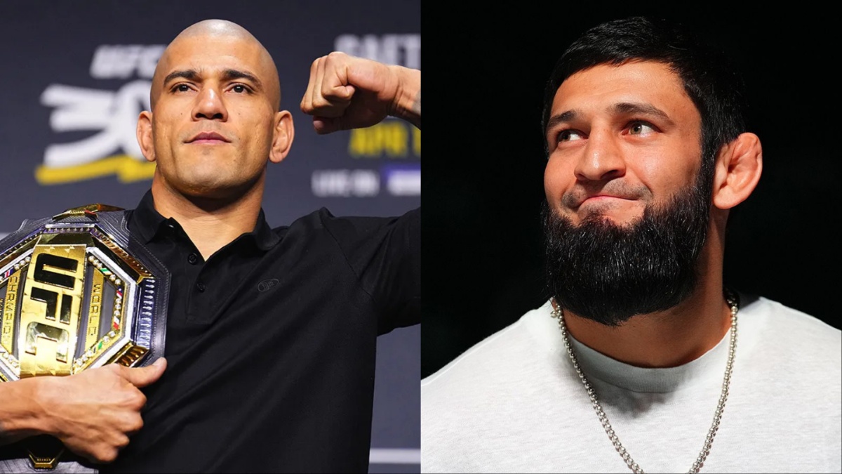 A split image of UFC champion Alex Pereira holding his belt and a smiling Khamzat Chimaev.