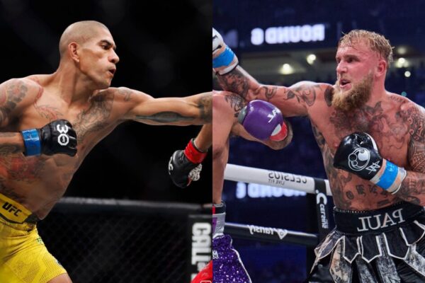 Montagem do lutador Alex Pereira e do boxeador Jake Paul em posição de luta.