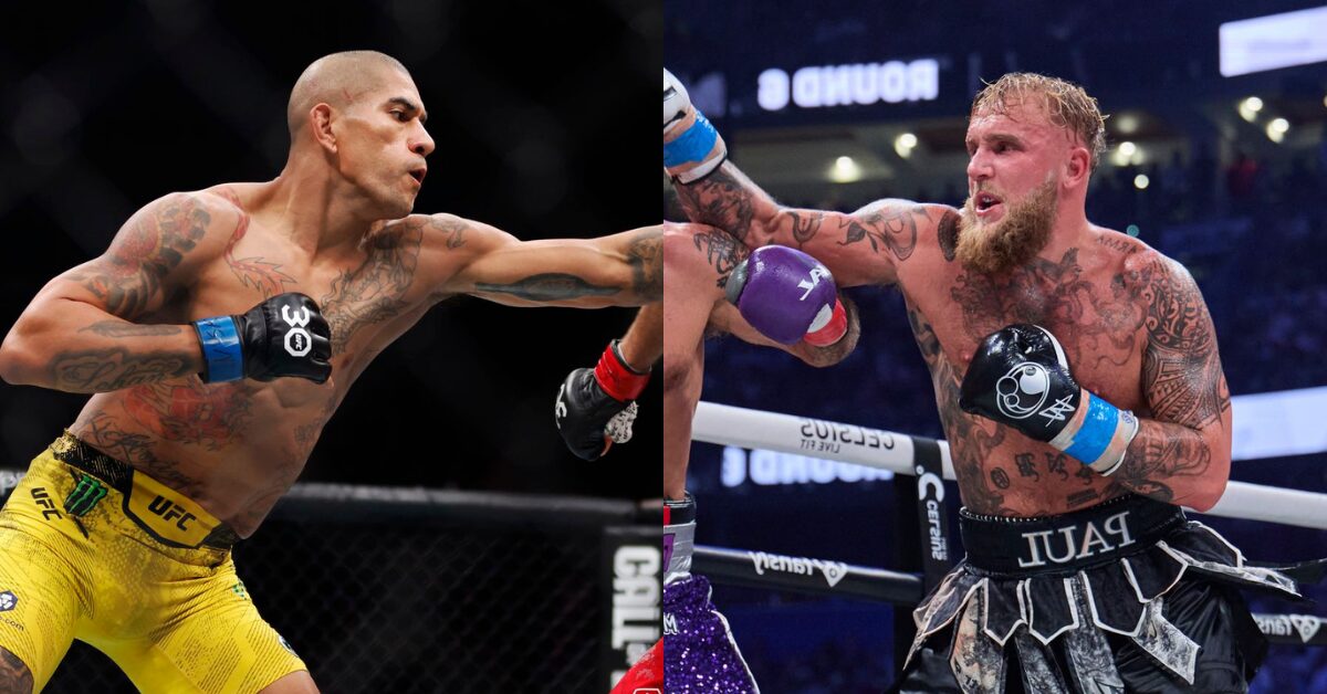 Montagem do lutador Alex Pereira e do boxeador Jake Paul em posição de luta.