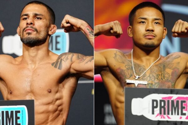 Montagem lado a lado dos lutadores Alexandre Pantoja e Joshua Van posando sem camisa na pesagem.