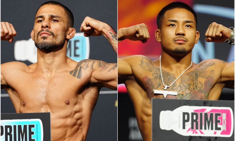 Montagem lado a lado dos lutadores Alexandre Pantoja e Joshua Van posando sem camisa na pesagem.