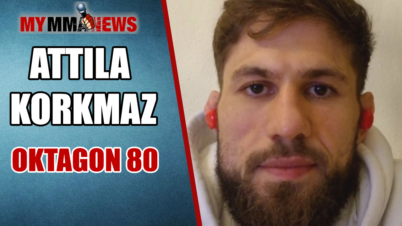 MyMMANews graphic for fighter Attila Korkmaz, featured for the OKTAGON 80 event, with a close-up of his face.