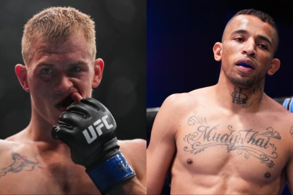 A split-screen promo of UFC fighters Ian Machado Garry (left) and a tattooed Carlos Prates (right) before their bout.