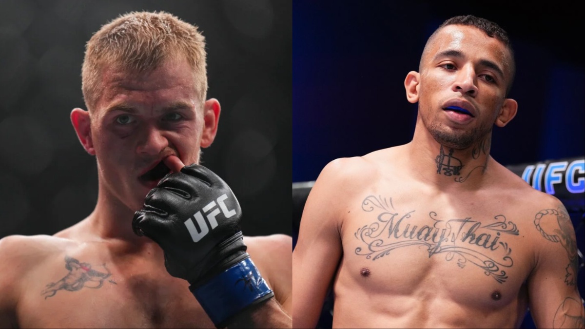 A split-screen promo of UFC fighters Ian Machado Garry (left) and a tattooed Carlos Prates (right) before their bout.