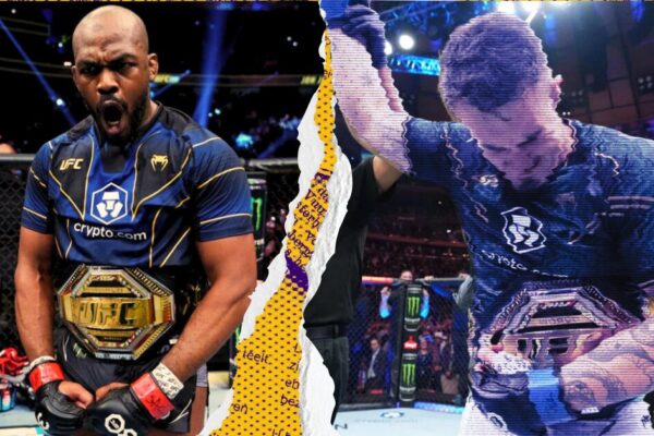 Jon Jones e Tom Aspinall, campeões do UFC, com seus cinturões em uma montagem dividida.