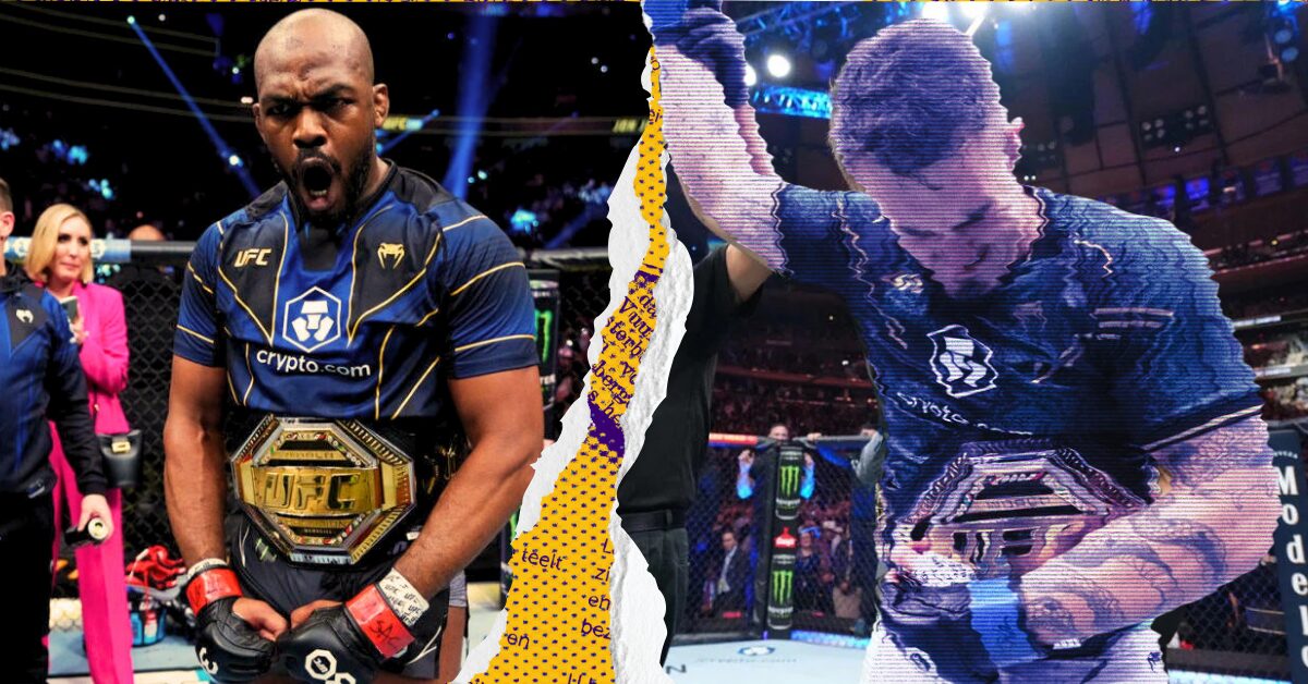Jon Jones e Tom Aspinall, campeões do UFC, com seus cinturões em uma montagem dividida.