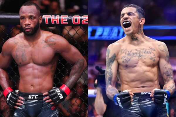 A side-by-side image of UFC fighters Leon Edwards and Carlos Prates inside the octagon.
