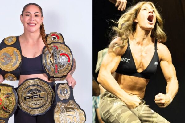 A campeã Cris Cyborg com seus cinturões de MMA e a lutadora do UFC Kayla Harrison em pose de luta.