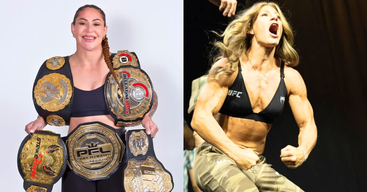 A campeã Cris Cyborg com seus cinturões de MMA e a lutadora do UFC Kayla Harrison em pose de luta.