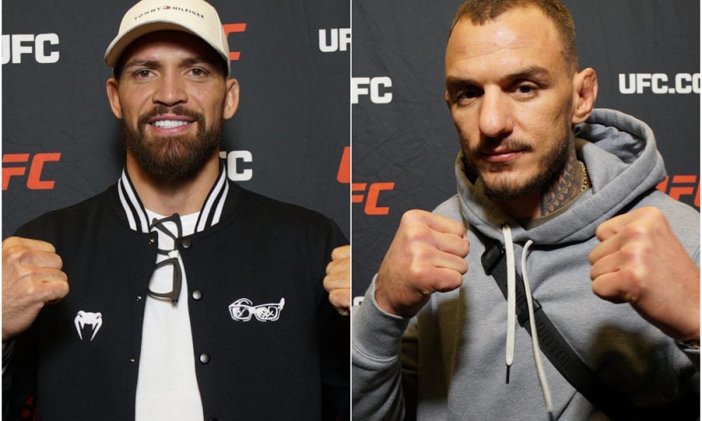 A split image of UFC fighters Renato Moicano, left, and Mauricio Ruffy, right, in fighting stances.