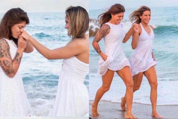 Montagem de um casal de mulheres de branco na praia, em cenas de romance e alegria correndo na areia.