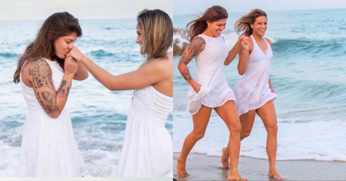 Montagem de um casal de mulheres de branco na praia, em cenas de romance e alegria correndo na areia.