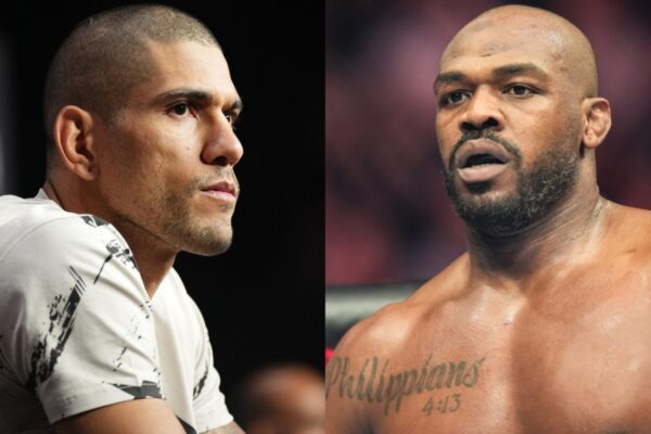 Montagem com os lutadores do UFC Alex Pereira, de perfil, e Jon Jones, sem camisa, em close-up.