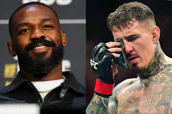Lutadores do UFC: Jon Jones sorrindo e Tom Aspinall com expressão de cansaço.