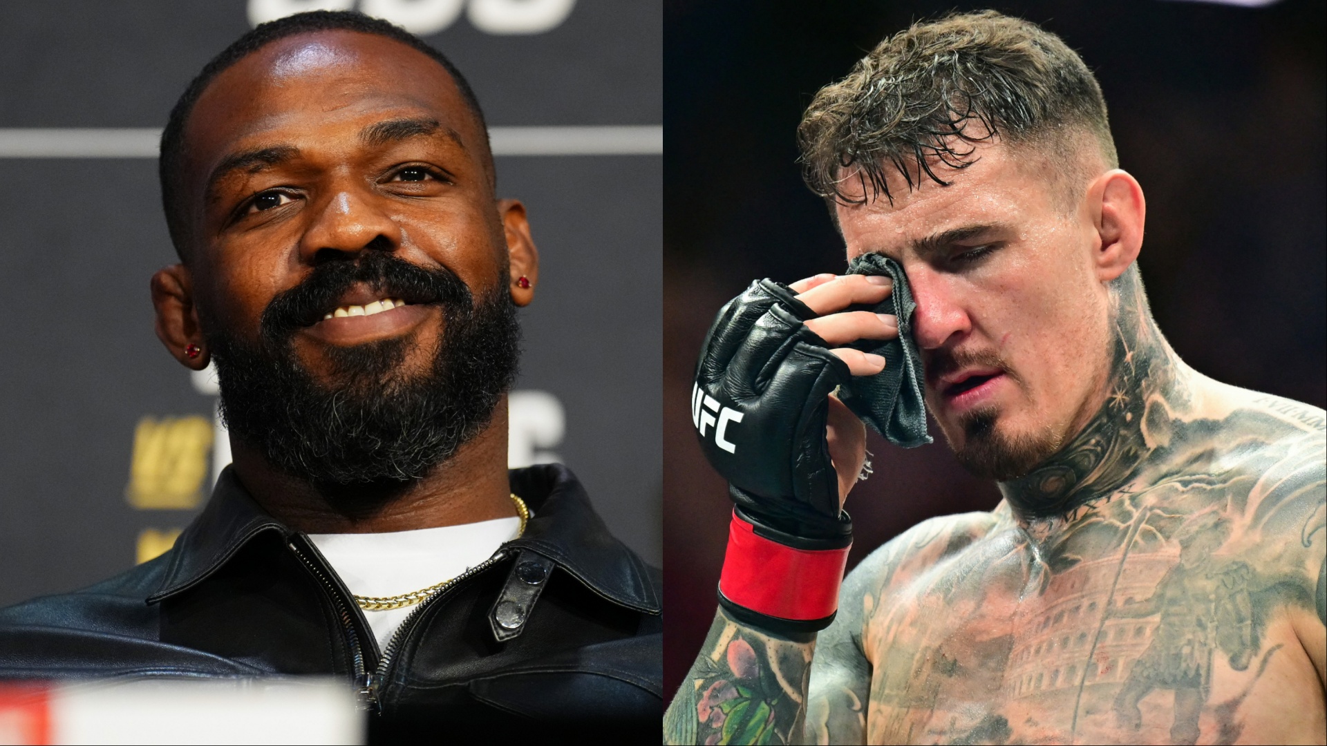 Lutadores do UFC: Jon Jones sorrindo e Tom Aspinall com expressão de cansaço.
