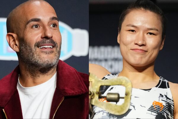 A split-screen of UFC commentator Jon Anik and fighter Zhang Weili.