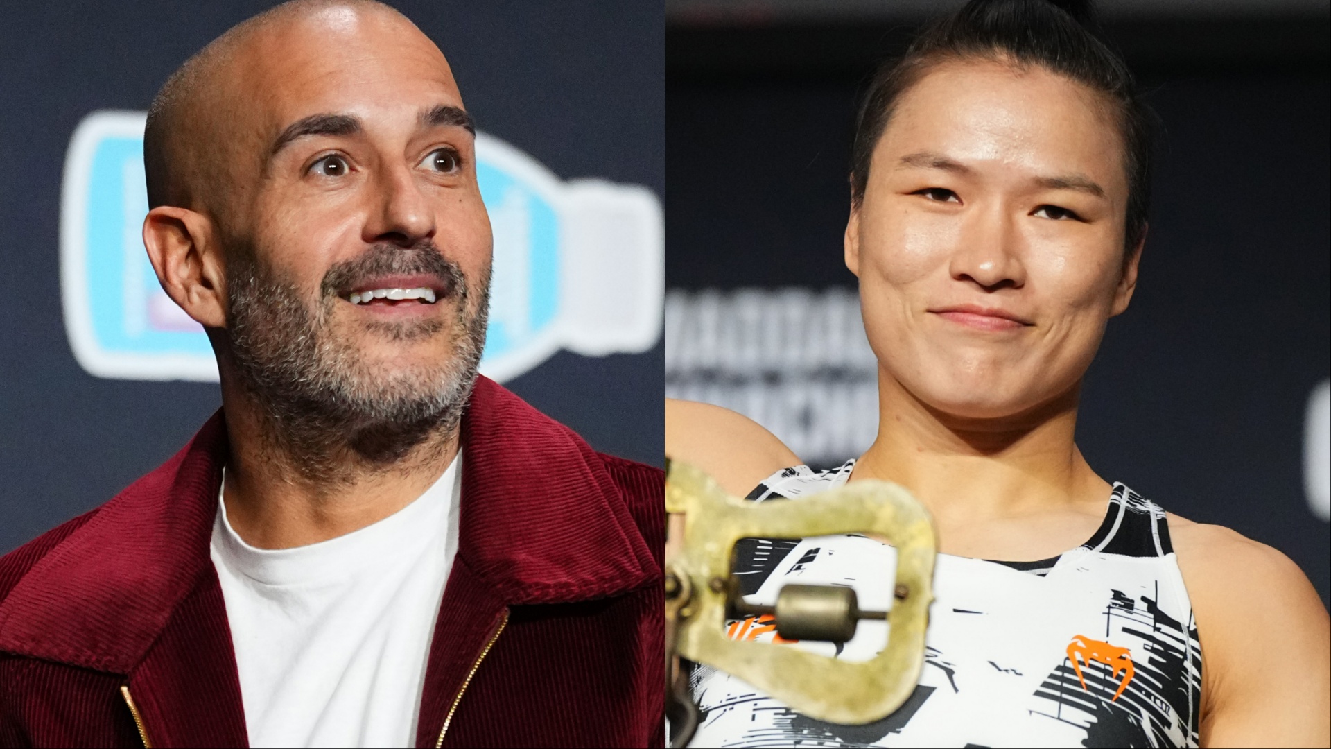 A split-screen of UFC commentator Jon Anik and fighter Zhang Weili.
