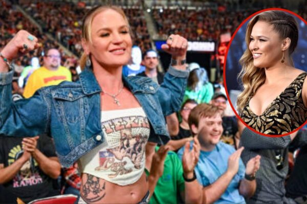 Montagem com Valentina Shevchenko na plateia e, em destaque, um retrato de Ronda Rousey.