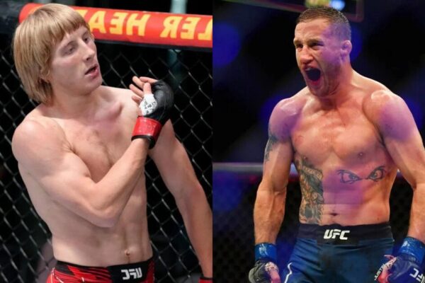 Montagem lado a lado dos lutadores do UFC, Paddy Pimblett à esquerda e Justin Gaethje à direita.