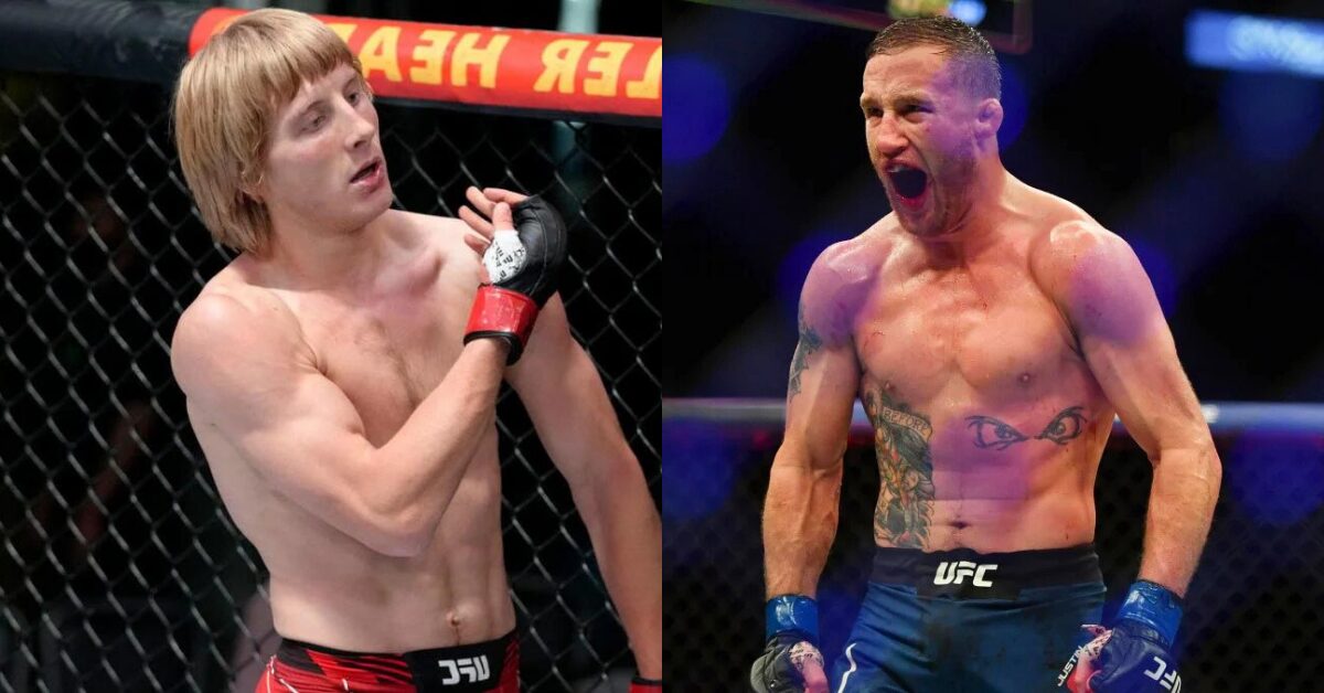 Montagem lado a lado dos lutadores do UFC, Paddy Pimblett à esquerda e Justin Gaethje à direita.
