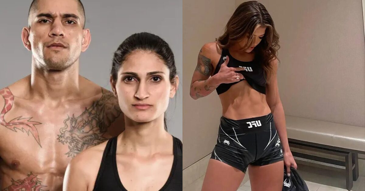 A split image of UFC fighters Alex and Aline Pereira on the left, and Tracy Cortez in training gear on the right.