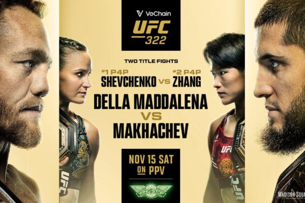 A UFC 322 fight poster featuring Della Maddalena vs. Makhachev and Shevchenko vs. Zhang in a face-off for two title fights.