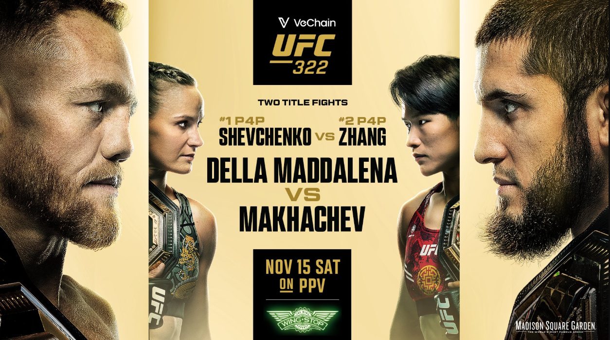A UFC 322 fight poster featuring Della Maddalena vs. Makhachev and Shevchenko vs. Zhang in a face-off for two title fights.