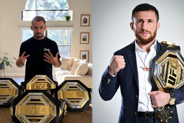 Montagem com o lutador do UFC Charles Oliveira à esquerda com 4 cinturões e Merab Dvalishvili à direita com um cinturão.