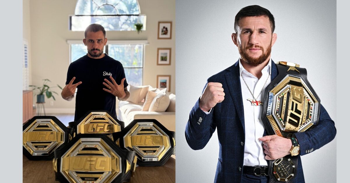 Montagem com o lutador do UFC Charles Oliveira à esquerda com 4 cinturões e Merab Dvalishvili à direita com um cinturão.
