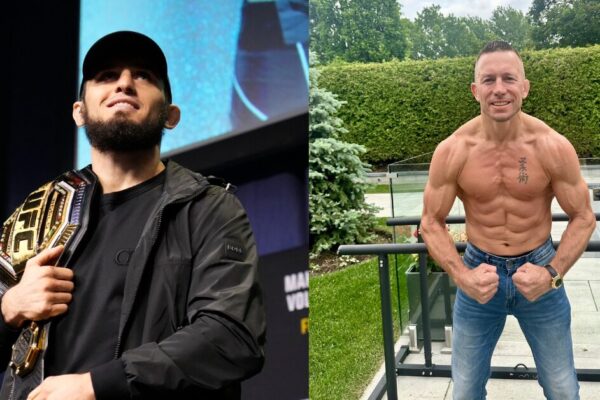Montagem do campeão do UFC Islam Makhachev e do musculoso Georges St-Pierre.