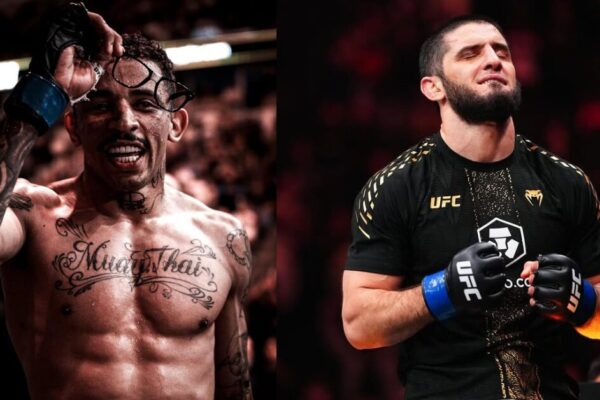 Lutadores do UFC: Charles Oliveira à esquerda sorrindo e Islam Makhachev à direita de olhos fechados.