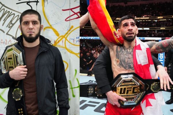 Montagem dos campeões do UFC Islam Makhachev e Ilia Topuria posando com seus cinturões.