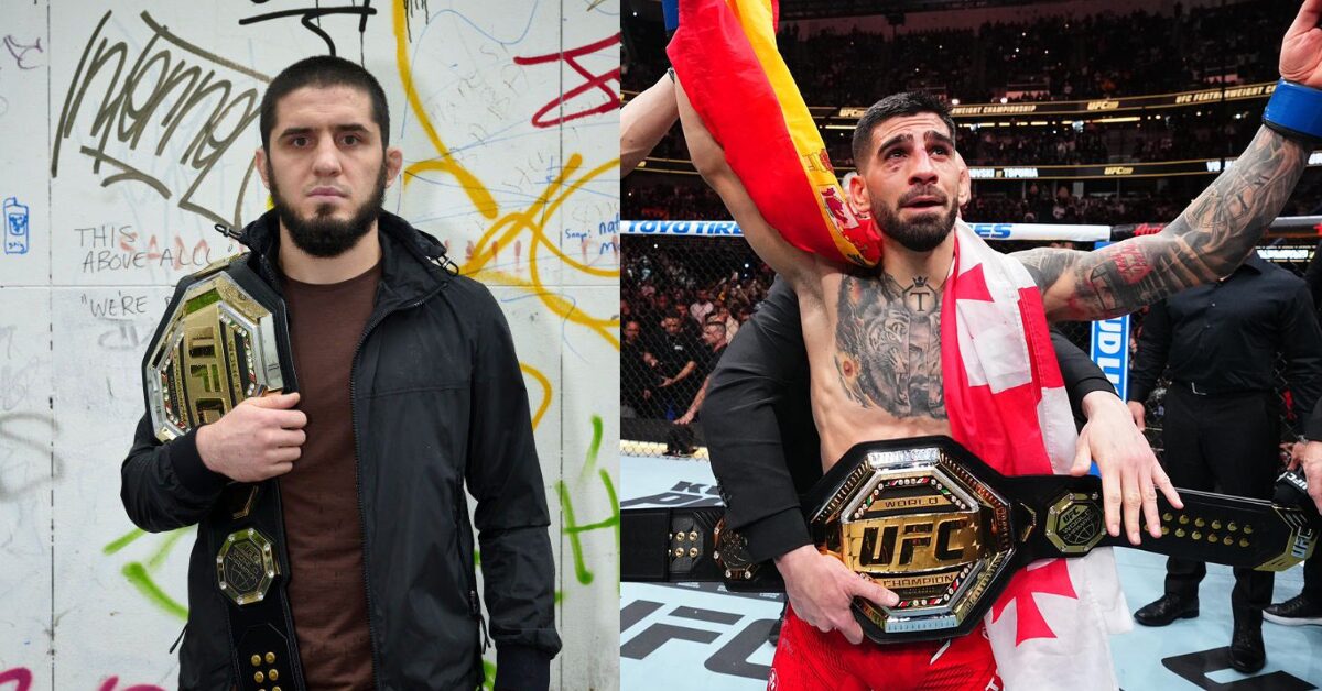 Montagem dos campeões do UFC Islam Makhachev e Ilia Topuria posando com seus cinturões.