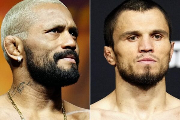 Montagem com os rostos dos lutadores do UFC Deiveson Figueiredo, à esquerda, e Umar Nurmagomedov, à direita.