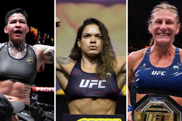 Montagem de fotos das lutadoras de MMA Larissa Pacheco, Amanda Nunes e Kayla Harrison.