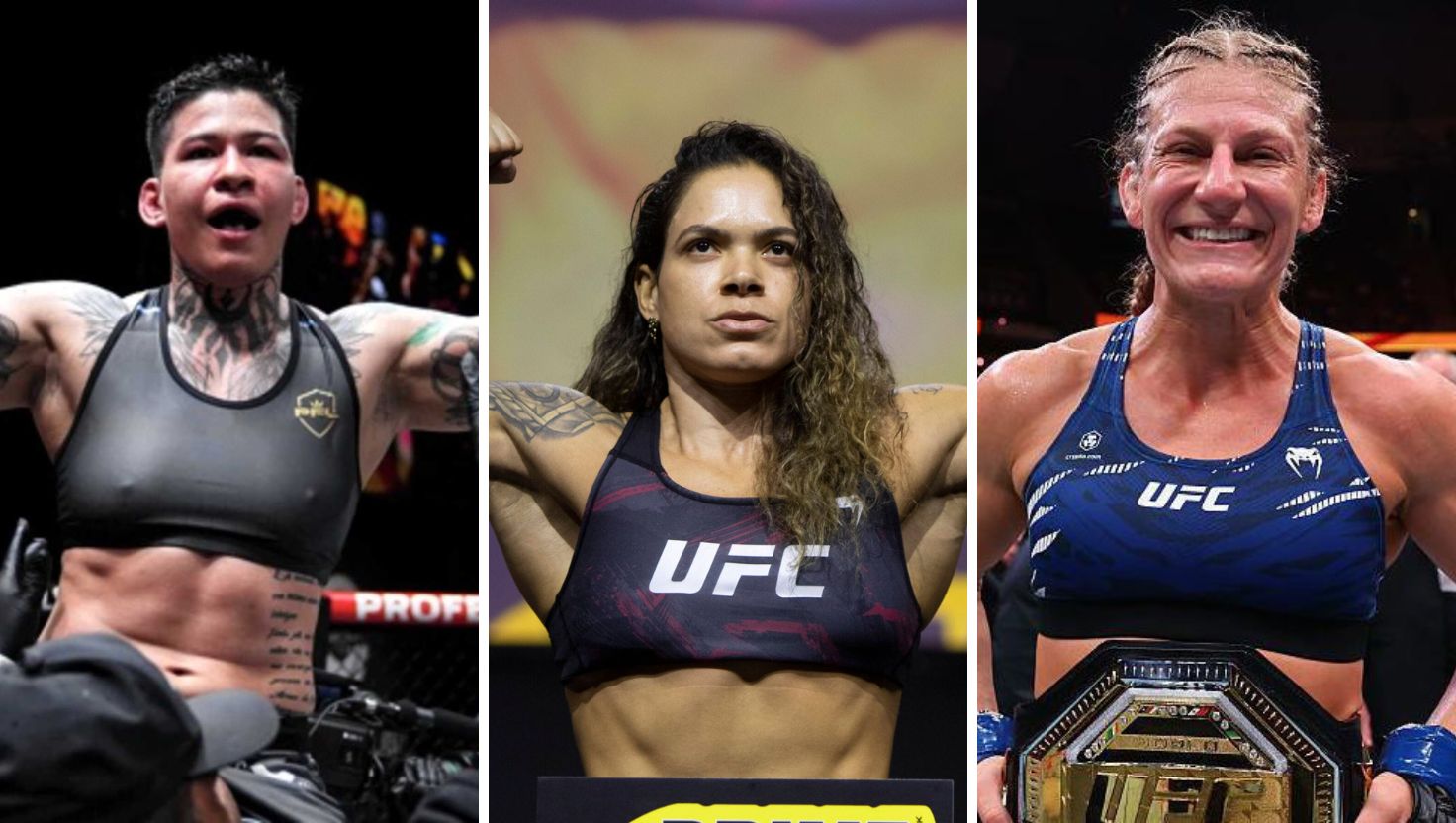Montagem de fotos das lutadoras de MMA Larissa Pacheco, Amanda Nunes e Kayla Harrison.
