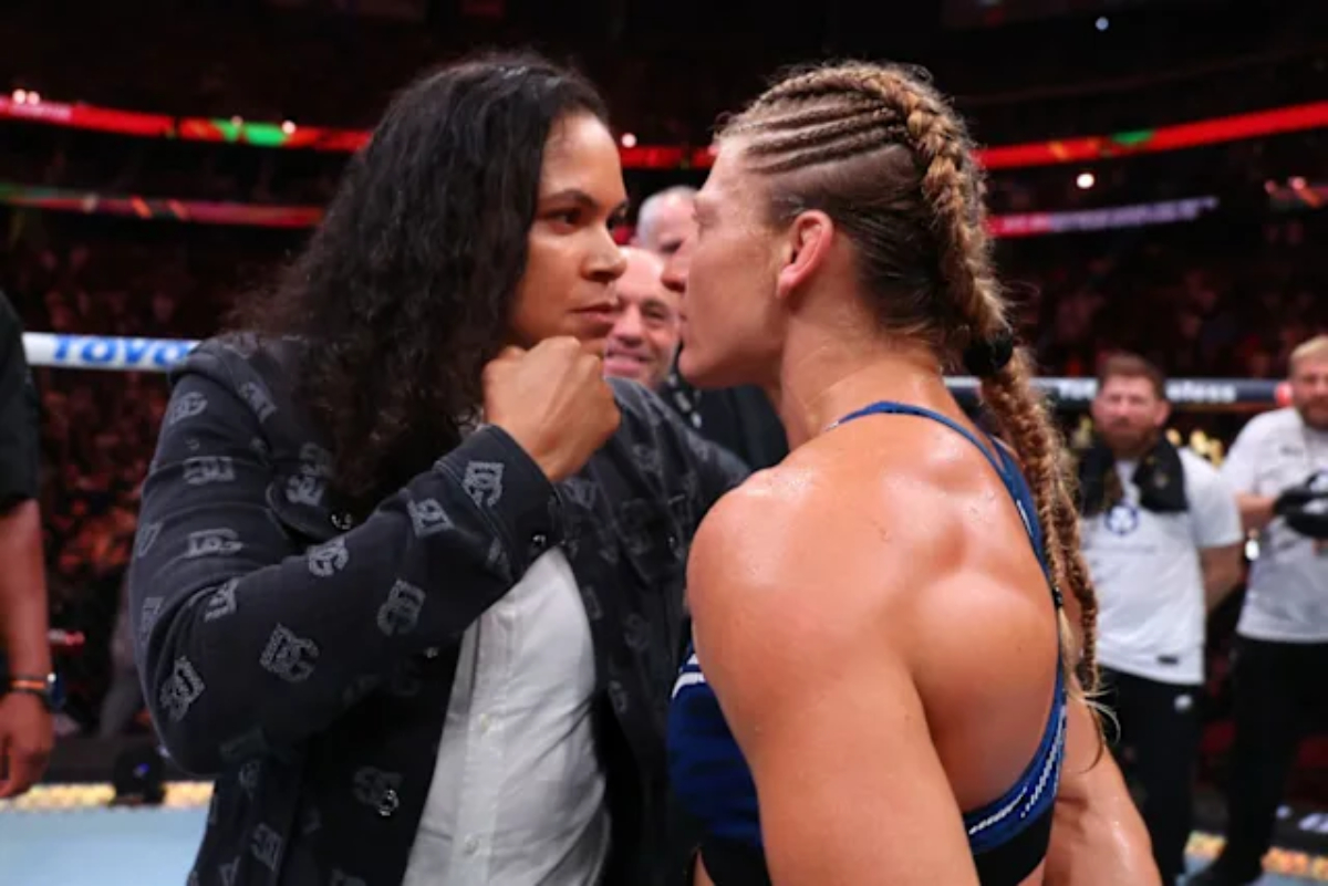 As lutadoras Amanda Nunes e Kayla Harrison em uma encarada tensa no octógono.
